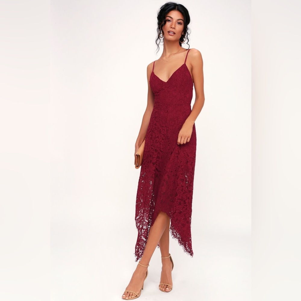 LULU’S One Wish Burgundy Lace Midi Dress